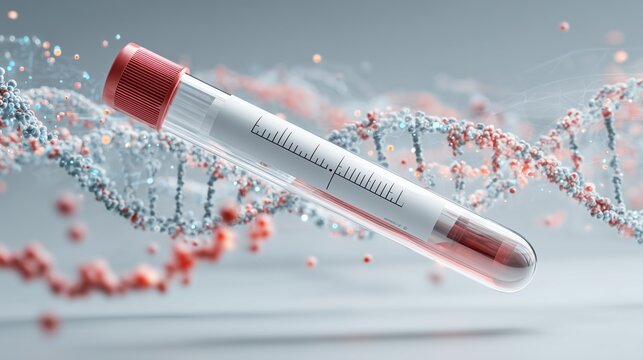 Close-up of blood sample tube labeled for prenatal genetic screening, floating DNA strands and data visualization indicating analysis for Cornelia de Lange Syndrome