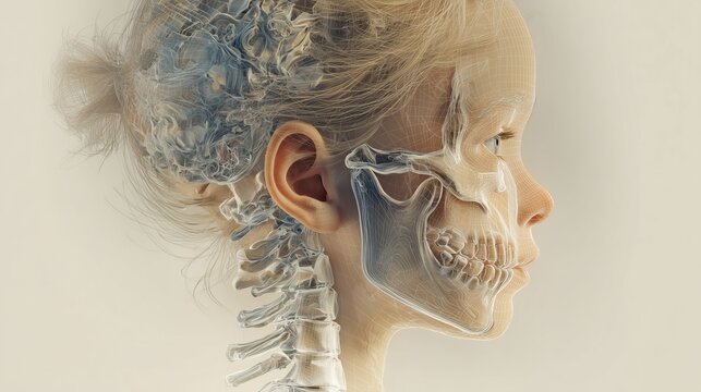 Anatomical illustration of a child&rsquo;s developmental features associated with Cornelia de Lange Syndrome, subtle skeletal and facial structure differences visualized in semi-transparent layers
