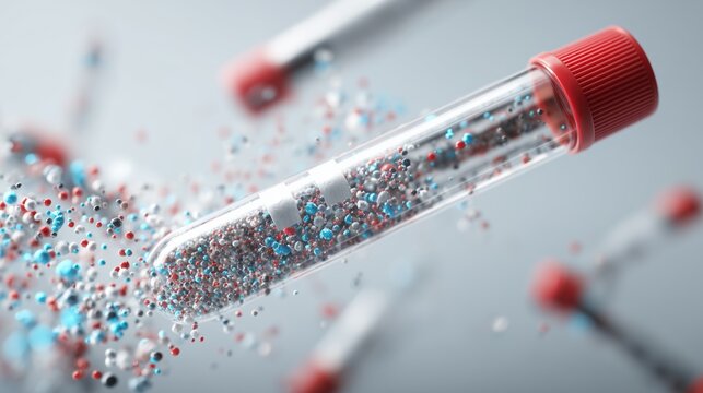 Close-up of blood sample tube labeled for prenatal genetic screening, floating DNA strands and data visualization indicating analysis for Cornelia de Lange Syndrome