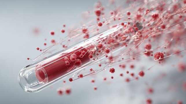 Close-up of blood sample tube labeled for prenatal genetic screening, floating DNA strands and data visualization indicating analysis for Cornelia de Lange Syndrome