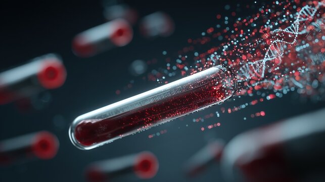 Close-up of blood sample tube labeled for prenatal genetic screening, floating DNA strands and data visualization indicating analysis for Cornelia de Lange Syndrome