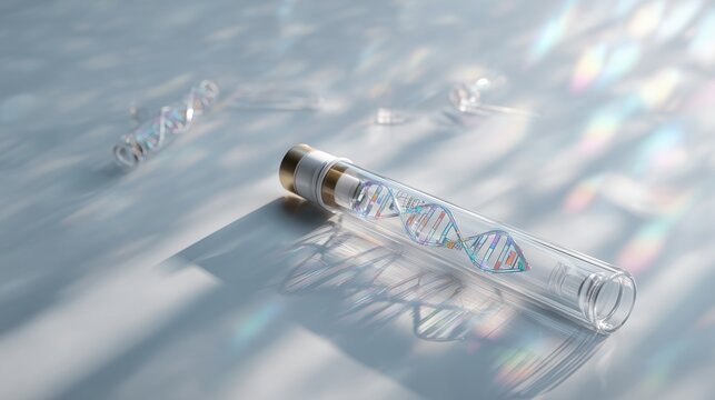 Flat lay of prenatal genetic testing kit on clean surface, soft daylight, minimalistic composition, subtle DNA hologram overlay suggesting screening for Cornelia de Lange Syndrome