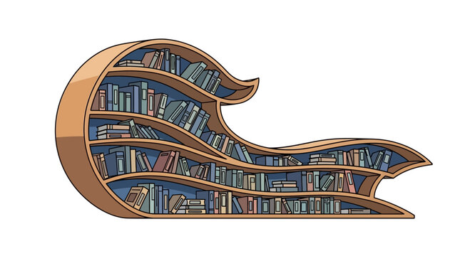 Wave shaped bookshelf filled with books