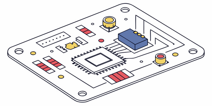 Colorful isometric electronic circuit board illustration showing microchip and various hardware components with electronics technology hardware isometric colorful microchip integrated computer