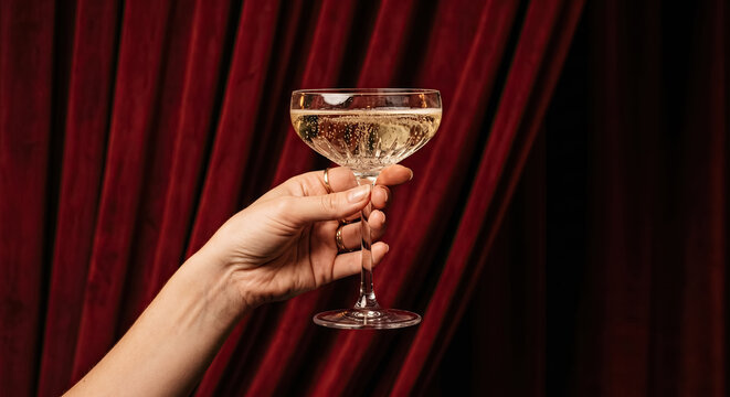 Hand holding champagne coupe against red velvet curtain.generative AI