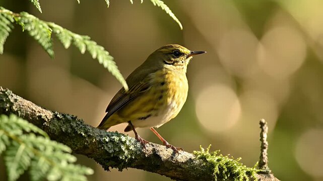A vibrant yellow bird perches on a mossy branch, its beak open in a cheerful song, surrounded by lush green foliage.