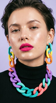 Beauty portrait with colorful chain necklace and statement earrings.generative AI