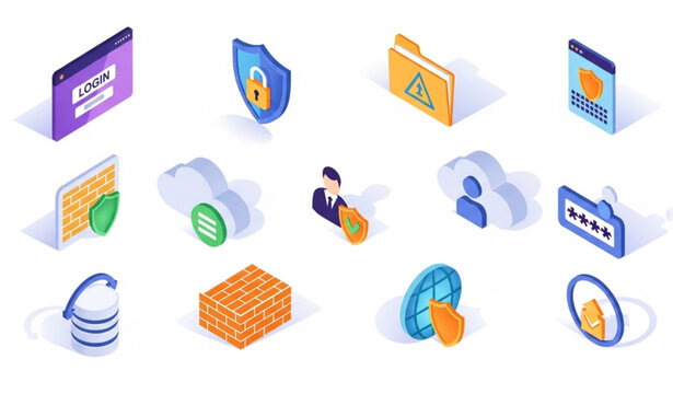 Isometric cybersecurity icon set with internet protection password security and data encryption symbols for technology design