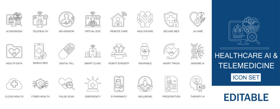 Healthcare AI and Telemedicine Icon Set: Digital Health, Remote Patient Monitoring, Robot Surgery, AI Diagnosis, Virtual Doctor, Cyber Health, and Smart Medical Care Line Icons.