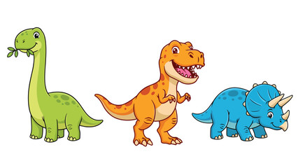 Naklejka premium Friendly Cartoon Dinosaurs: Cute Brontosaurus, T-Rex, and Triceratops Characters Vector Set