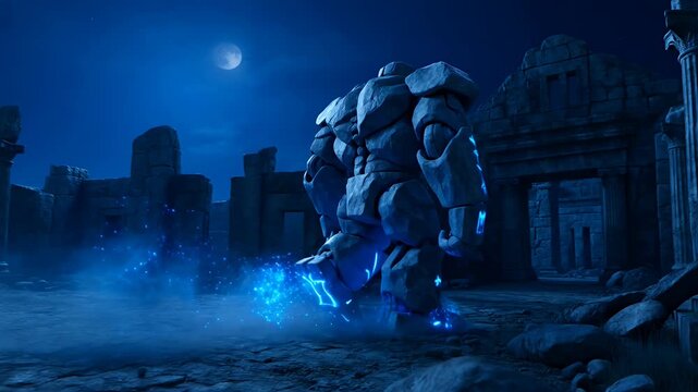 Ancient Stone Golem Awakens with Blue Magic in Ruined Temple Under Moon