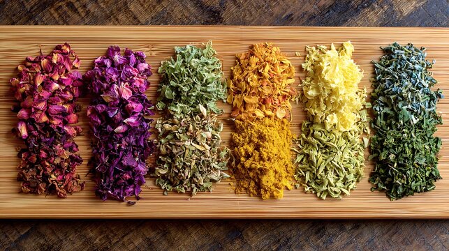Vibrant colorful dried herbs and spices arranged on wooden board for cooking and culinary use