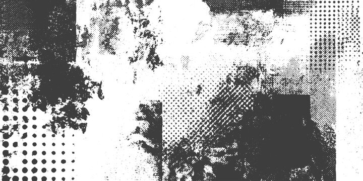 Black and White Abstract Grunge Vector Background with Halftone Dot Patterns and Distressed Ink Textures