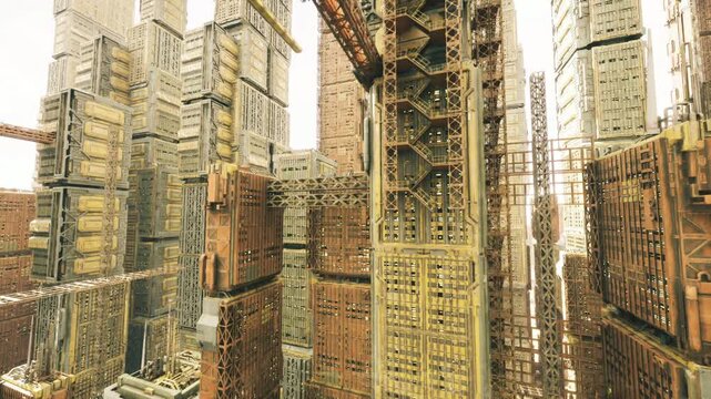 Corroded metal frameworks and complex tubing shapes in cityscape. Gritty urban environment showcasing rusted steel pillars and elaborate piping arrangements