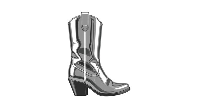 A single polished metallic cowboy boot stands vertically as a detailed vector illustration against a plain white background with high contrast monochrome highlights.