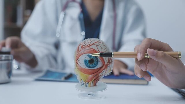 Doctors discuss eye health using an anatomical eye model during a medical consultation, reviewing documents and explaining details on a desk.