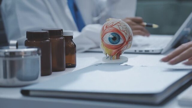 Doctors discuss eye health using an anatomical eye model during a medical consultation, reviewing documents and explaining details on a desk.