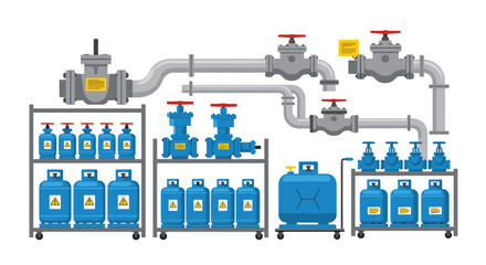 Naklejka premium An industrial plumbing system with metal pipes and red valves is displayed above blue gas storage tanks on wheeled carts against a plain white background.