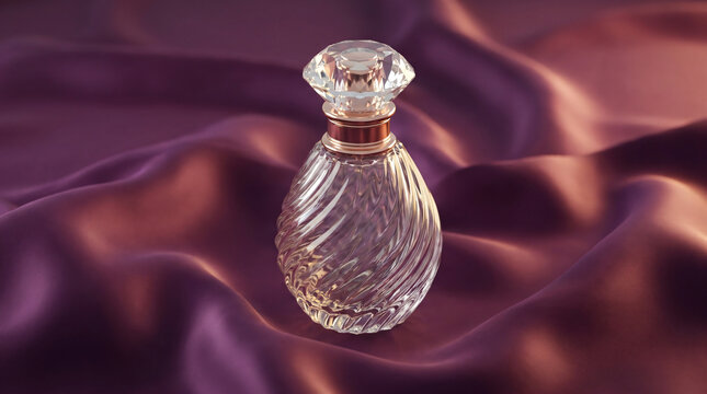A crystal perfume bottle sits on a purple satin fabric background.