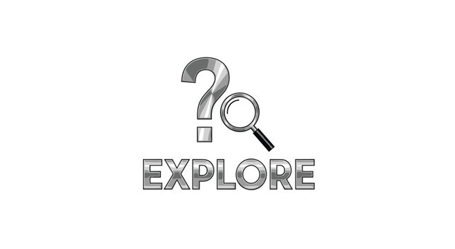 A shiny metallic question mark and a matching magnifying glass rest above the bold silver word EXPLORE, set against a clean and bright white background surface.