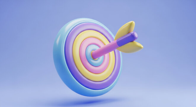 Creative 3d style illustration of a colorful archery target with arrow representing goal setting and business success