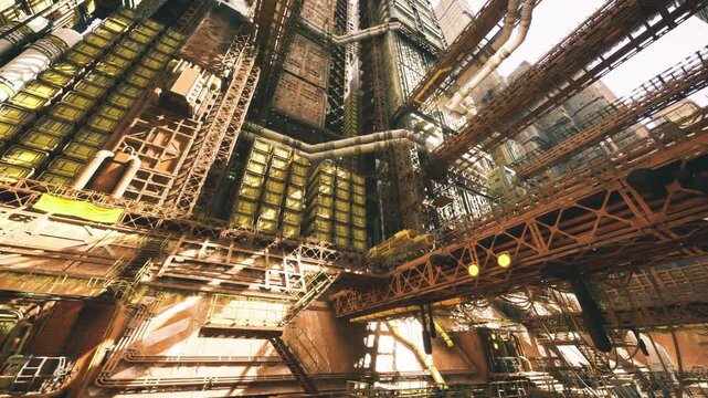 deserted steamworks chamber with corroded metal and tangled pipes, muted palette and dusty light convey abandonment, intricate mechanical relics and layered
