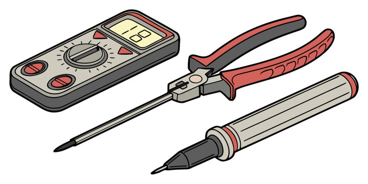 Color isometric drawing of electrical repair tool kit with digital multimeter pliers and soldering pen for diy electronic projects and engineering multimeter soldering electronic electrical