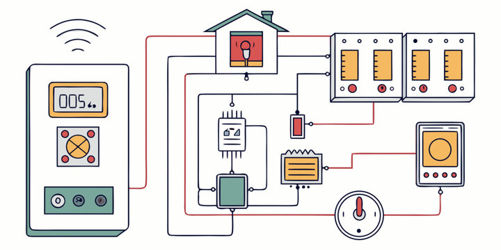 Hand drawn smart home electrical system diagram featuring wireless digital meter circuit breakers and household wiring connections electrical wireless electricity monitoring connection domestic