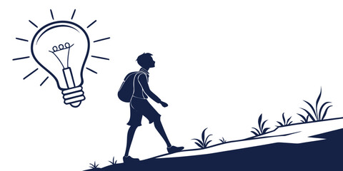 Silhouette illustration of a person with a backpack walking uphill towards a glowing light bulb icon representing an idea or innovation concept silhouette backpack lightbulb innovation creativity © AF