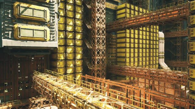 Massive industrial engine room glowing warm, dense network of pipes and scaffolding, layered catwalks and grated platforms, weathered metal surfaces with rust