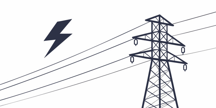 Minimalist graphic icon of an electricity transmission pylon and a lightning bolt symbol with electricity lightning transmission electric infrastructure industrial engineering distribution