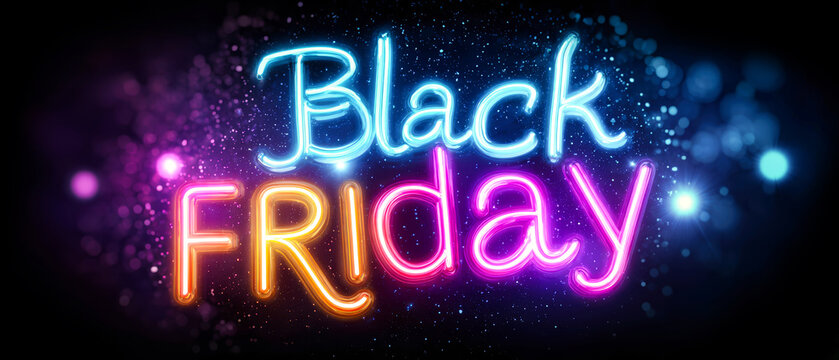 A neon sign displaying Black Friday glows brightly. The dark backdrop enhances the vivid colors with glitter and glowing particles creating an energetic mood