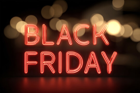 A neon black Friday sign shines with glowing letters against a dark background filled with soft bokeh circles. The lights create warm inviting tones