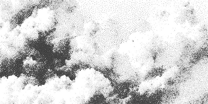 Black and White Stippled Texture of Clouds Abstract Grainy Halftone Vector Background