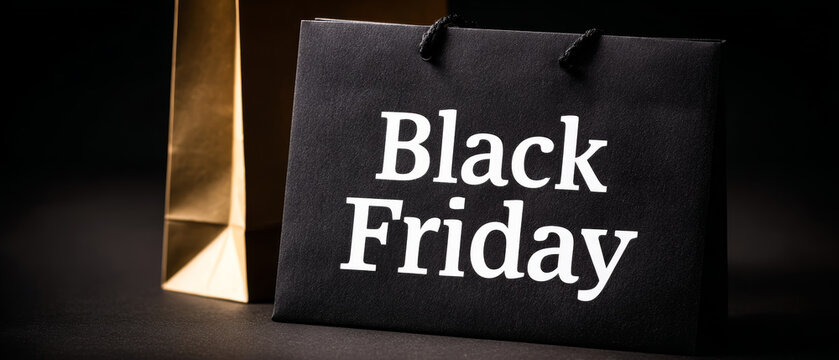 Black paper banner with space for text is shown next to a black bag marked with the words Black Friday. This displays items for a sale in a studio setting
