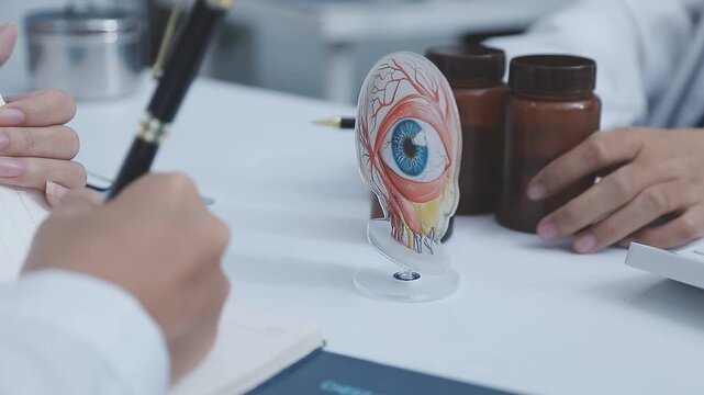 Doctors discuss eye health using an anatomical eye model during a medical consultation, reviewing documents and explaining details on a desk.