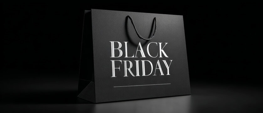 Stylish black shopping bag with Black Friday writing placed on a dark background. Empty space available for text or branding. Suitable for sale events