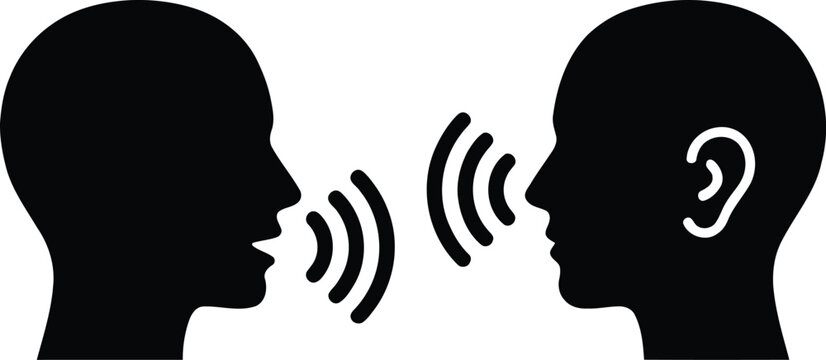 Two people in silhouette talking and listening, represented by sound waves emanating from mouths and ears, conveying communication.