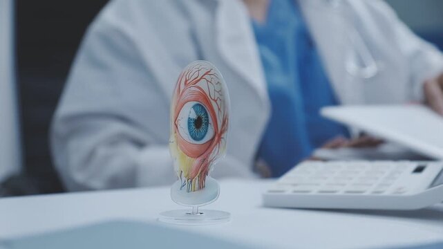 Doctors discuss eye health using an anatomical eye model during a medical consultation, reviewing documents and explaining details on a desk.