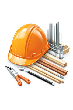 Construction helmet is placed among various building tools, showcasing their arrangement with a clean white background, highlighting their use in construction work