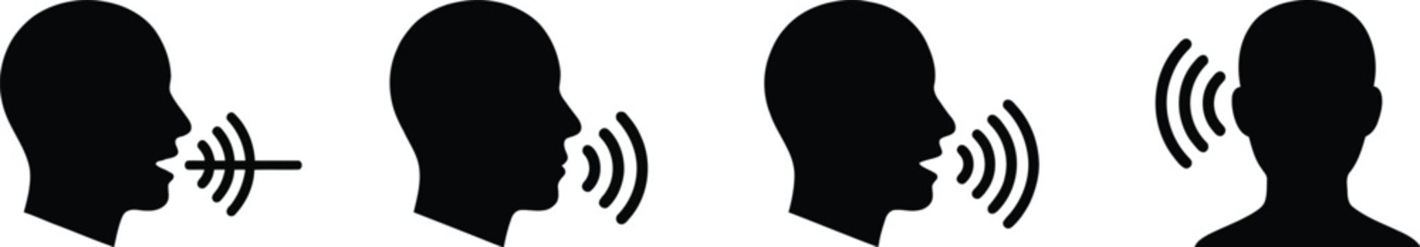 Set of four icons representing speech and silence, with sound waves and muted symbols, for communication concepts.