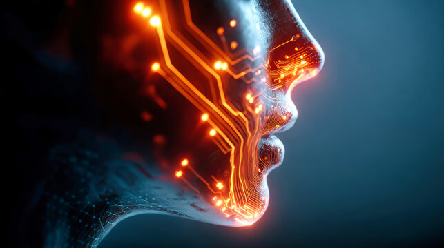 A profile view shows a human head with a circuit board design and glowing rays. The design features blue, red, and orange colors with a futuristic look