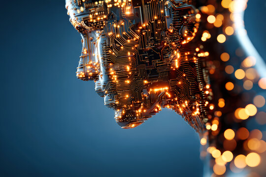 Glowing digital head profile features a circuit board design and bokeh lights