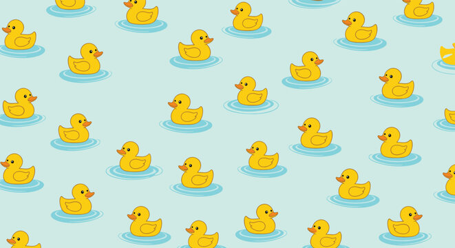 Continuous seamless pattern featuring small yellow rubber ducks floating on a light blue water background with subtle ripple effects for bath time.