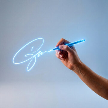 Digital signature concept with hand writing glowing signature, electronic signing, online authorization, business approval, modern technology interface