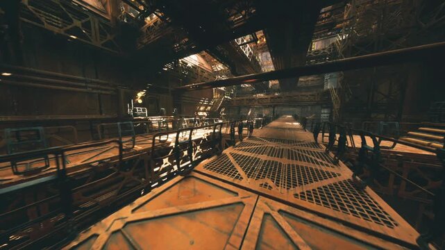 dim industrial walkway under dramatic light, narrow catwalk lines, suspended piping and rusted panels, moody contrast and layered metal architecture, cinematic