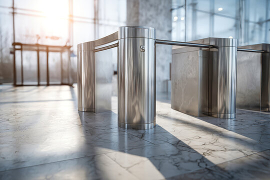 One turnstile stands out with its shiny surface and metal boom under sunlight. The floor shows marble tiles, creating a bright and inviting space