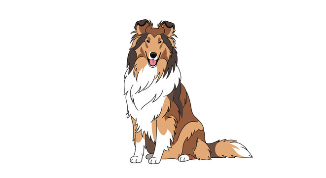 Faithful rough collie dog sitting attentively with its long tricolor fur and friendly expression on a clean white background for pet owners.