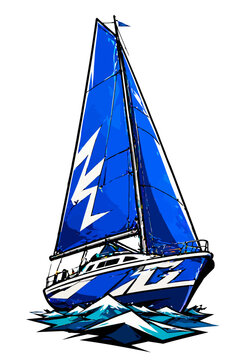 Bold blue Sailing Yacht cutting through waves in dynamic vector style