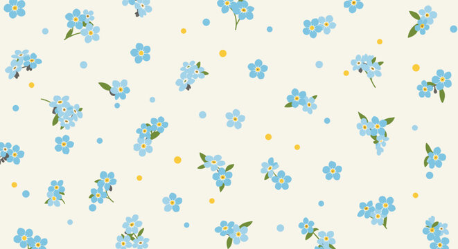 Beautiful seamless floral pattern featuring blue forget-me-not flowers and small yellow dots over a light cream background.